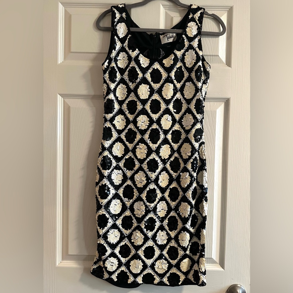 Vintage Tadashi Shoji Black and White Sequin Cocktail Dress